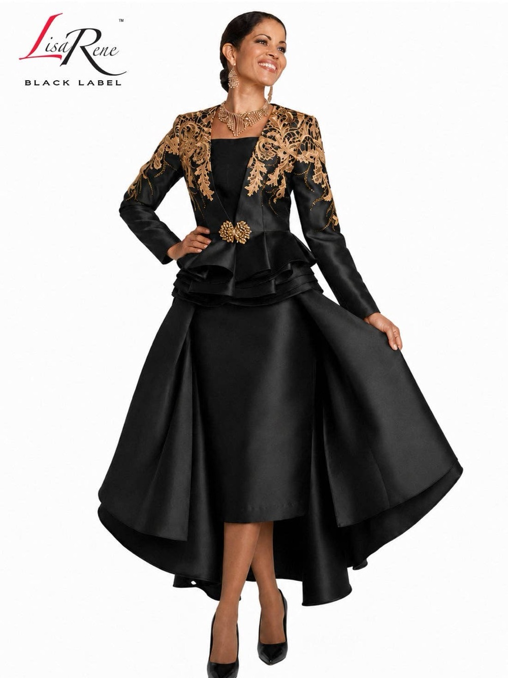 Lisa Rene’ Black Label 2PC Black Jacket and Skirt with Gold Embroidery